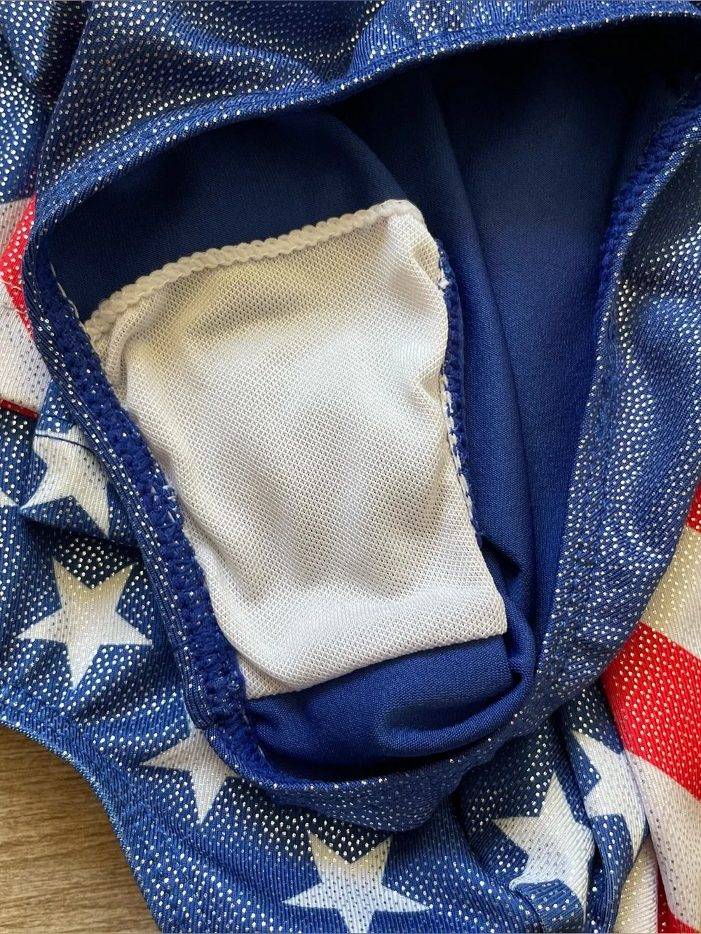 Girls Gymnastics Leotard Size 8A USA American Flag Long Sleeve Metallic Blue